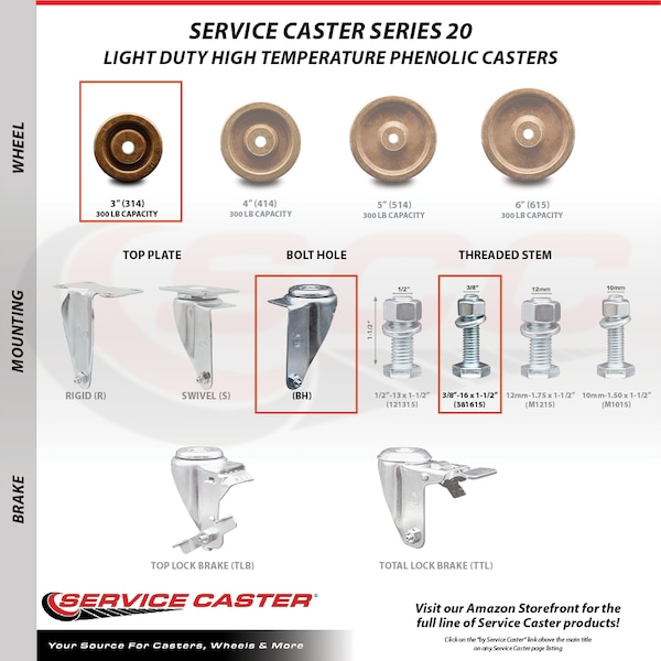 3 Inch High Temp Phenolic Wheel Swivel 3/8 Inch Threaded Stem Caster SCC